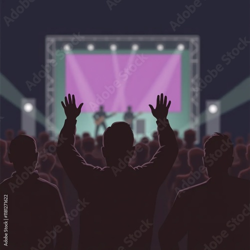 Silhouetted concertgoers raise their hands, captivated by the vibrant stage, a sea of shared emotion under purple lights photo