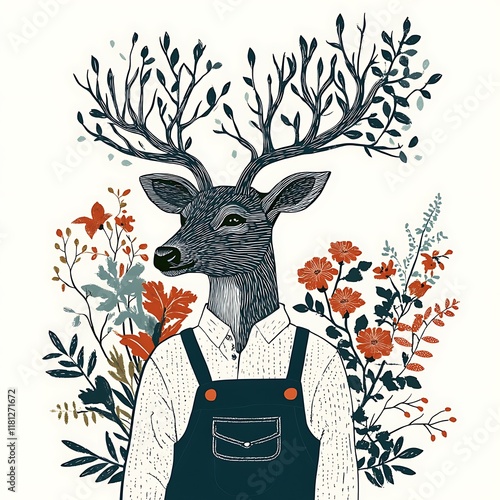 Deer with antlers and floral background illustration. photo