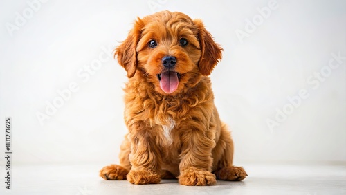 A tiny red Cobberdog puppy, tilted sideways, smiles against a pristine white backdrop. photo