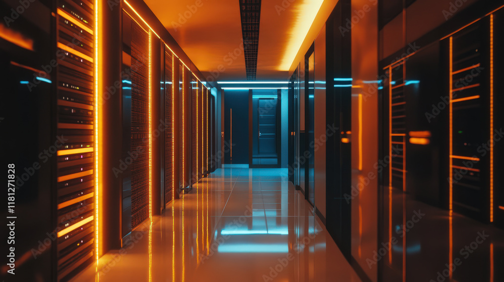 Modern server room with lights shine bright Modern server room with lights shine bright