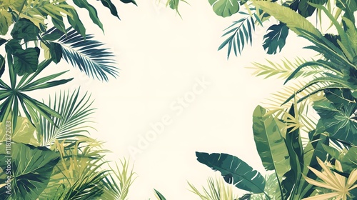 Lush green tropical leaves arranged in a clean white background, forming a harmonious frame © FiDIO