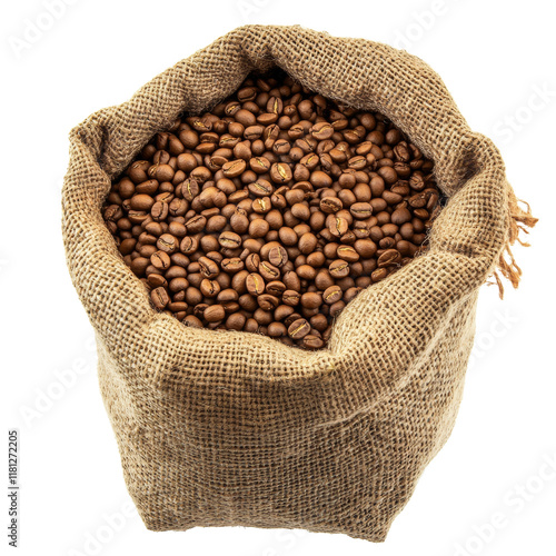 A full burlap sack of dark roasted coffee beans sits on a white background. photo