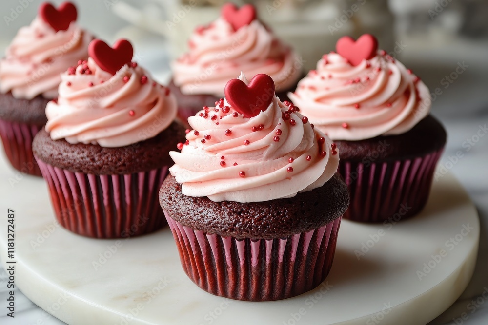 Delicious red velvet cupcakes decorated with pink frosting and heart-shaped sprinkles for valentine's day Delicious red velvet cupcakes decorated with pink frosting and heart-shaped sprinkles for valentine's day