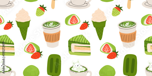 Japanese Matcha Food. Seamless pattern with Matcha Cheesecake and Matcha Tea. Vegan japanese green tea pastries and drink. Repeated Vector background, wrapping paper. Baked tart with green tea flavor.