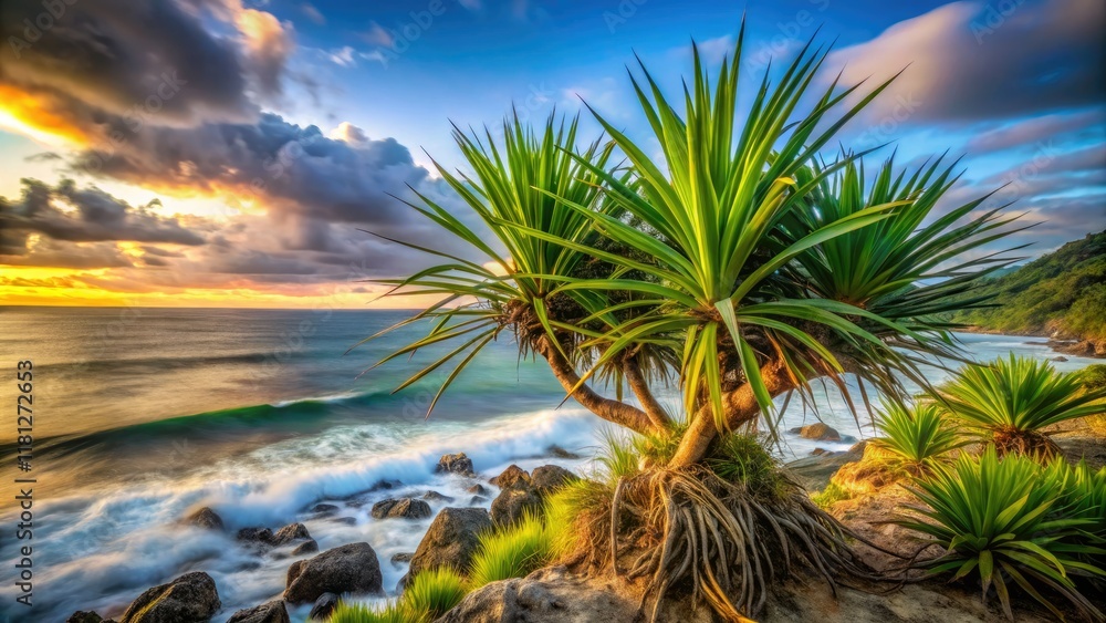 Fototapeta premium Bangka Island's Pandanus odorifer, a thorny coastal plant, captured in a mesmerizing long exposure photograph.