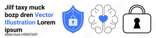 Shield with lock, heart and brain icon, and closed padlock convey cybersecurity and mental health themes. Ideal for online safety, privacy, mental well-being, health, data protection, security