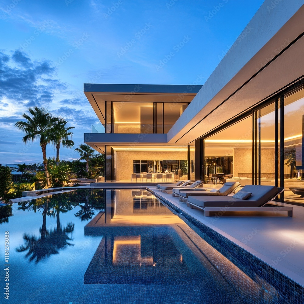 Obraz premium Luxurious modern villa with infinity pool at dusk. (1)