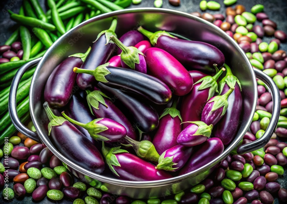 Clean parkia and eggplant gleam in a black container, nestled within a stainless steel basin. Clean parkia and eggplant gleam in a black container, nestled within a stainless steel basin.