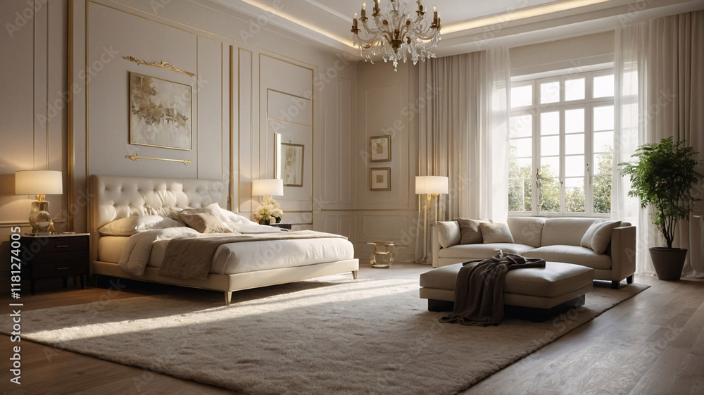 Fototapeta premium Clean and minimalist living room design with neutral color bed beige earth tone furniture large windows and abstract art on the wall Contemporary Interior Design Livingroom Inspiration