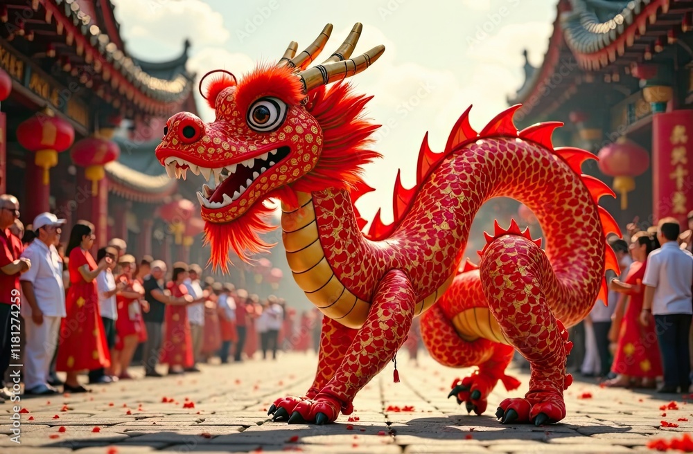 Fototapeta premium A dragon dance performance with a vibrant red and gold dragon, traditional costumes, and cheering crowd in the background, energetic and lively atmosphere. Perfect for Chinese New Year