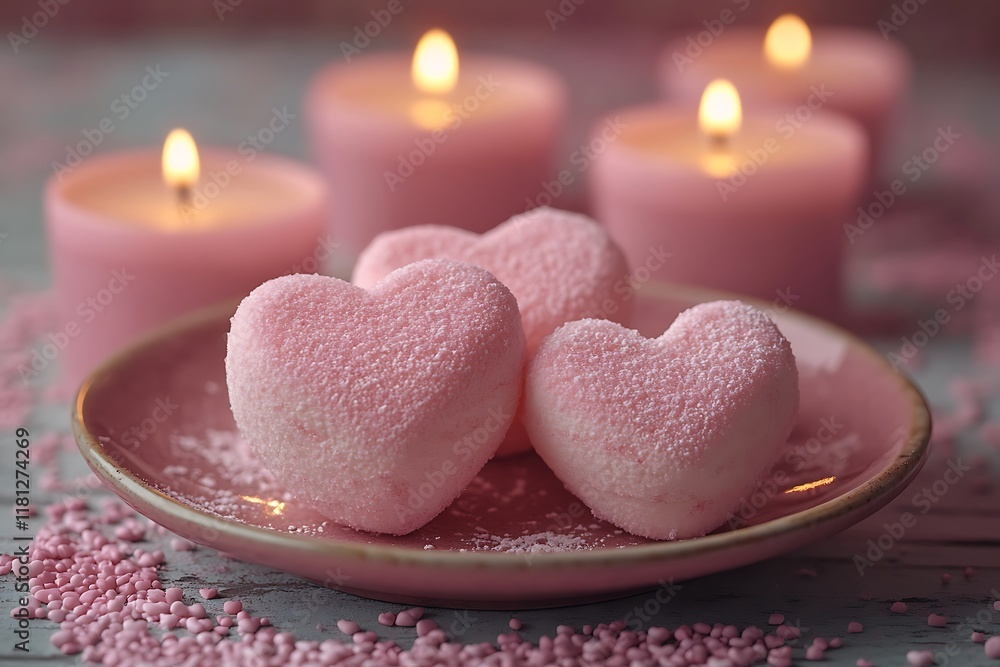 Valentine Day pink heart shaped marshmallows on plate with candles
Valentine Day pink heart shaped marshmallows on plate with candles
