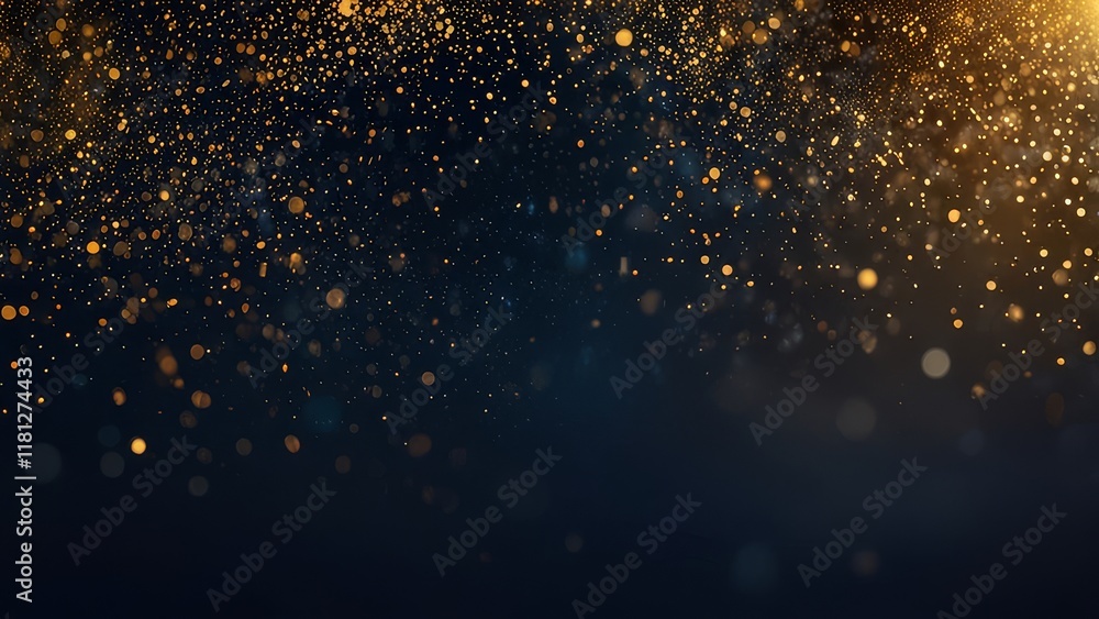 Abstract dark blue and gold particle background with Christmas golden light bokeh, shining particles on navy blue, gold foil texture, festive holiday concept Abstract dark blue and gold particle background with Christmas golden light bokeh, shining particles on navy blue, gold foil texture, festive holiday concept