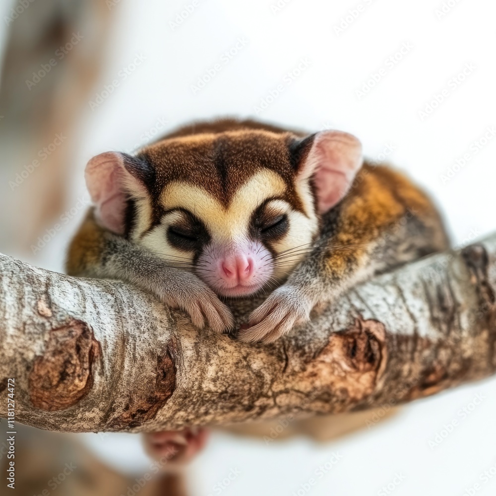 A cute sleeping sugar glider nestled on a branch, showcasing its adorable features. A cute sleeping sugar glider nestled on a branch, showcasing its adorable features.