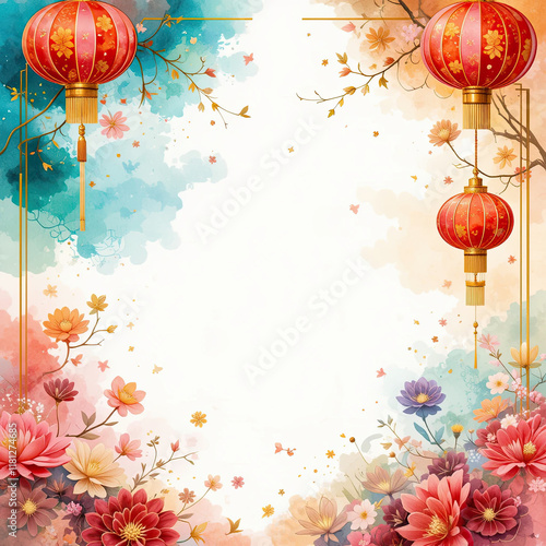 watercolor chinese new year frame with chinese decoration, realistic style, bright colors, on white background 