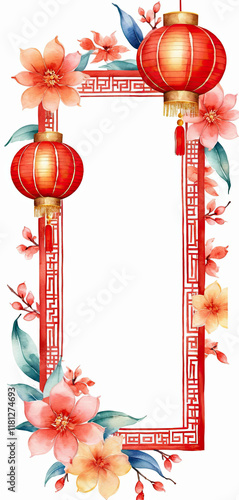 watercolor chinese new year frame with chinese decoration, realistic style, bright colors, on white background 