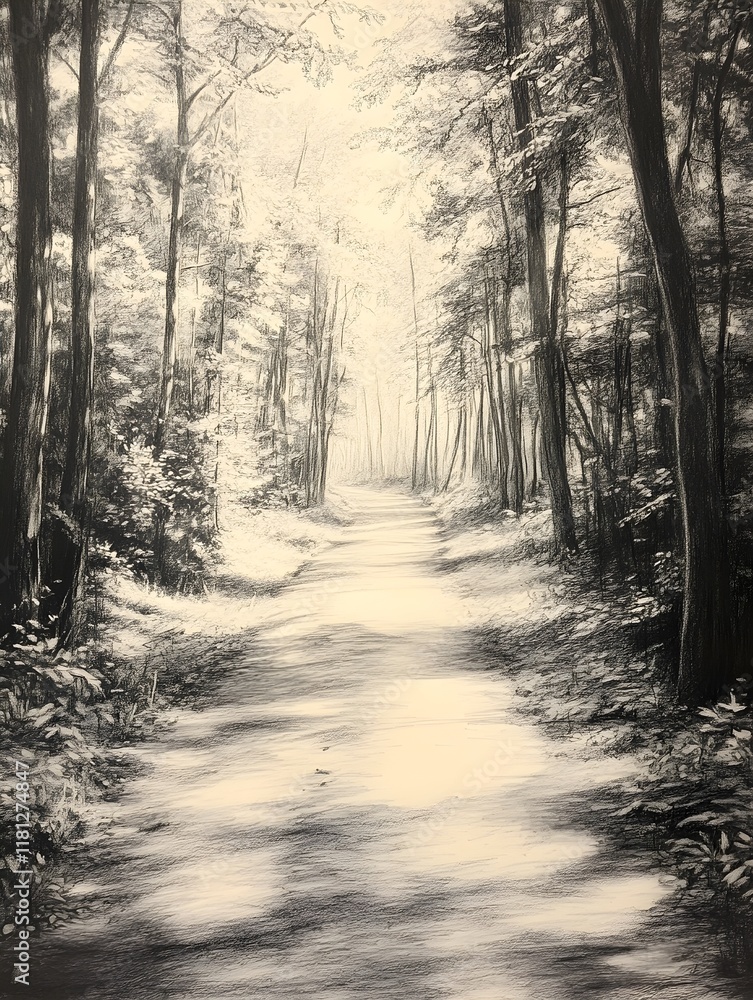 Naklejka premium A rough outline of a forest path with light filtering through pencil-shaded trees.