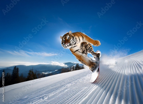 A majestic tiger performs a breathtaking snowboard jump against a vibrant blue sky, snow-covered mountains forming a stunning backdrop.  The tiger is airborne, showcasing incredible power and grace. photo