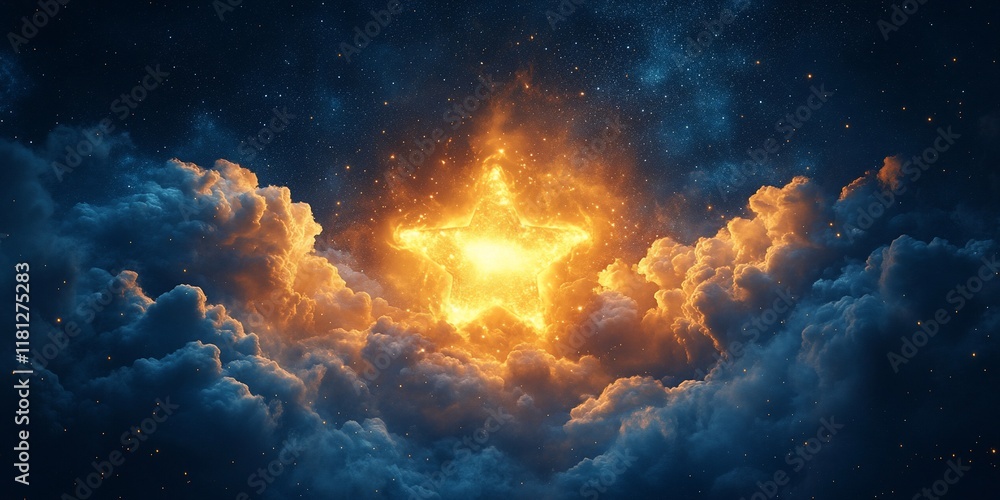 Celestial Star: A fiery star shines brightly amidst a night sky filled with clouds and stars, creating a mesmerizing and surreal celestial scene. Celestial Star: A fiery star shines brightly amidst a night sky filled with clouds and stars, creating a mesmerizing and surreal celestial scene.
