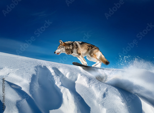 A majestic wolf-like dog performs an impressive snowboard jump against a vibrant blue sky and pristine snow backdrop.  The dog's powerful leap showcases athleticism and grace. photo