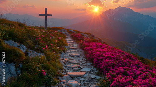 Mountaintop cross sunrise path flowers landscape.