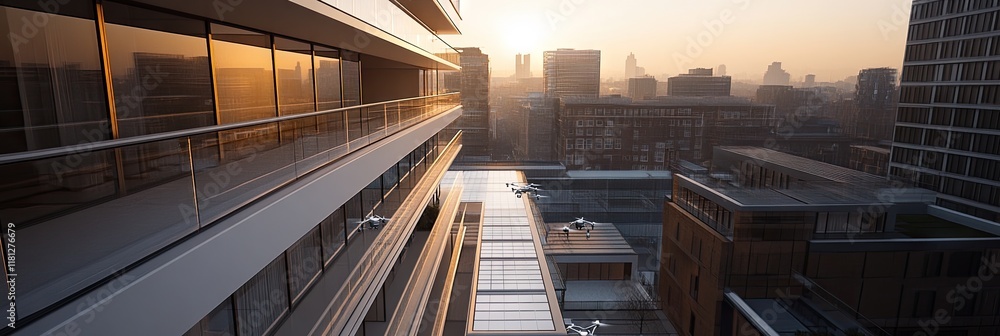 A modern architectural view showcasing a sunset over urban buildings and balconies. A modern architectural view showcasing a sunset over urban buildings and balconies.