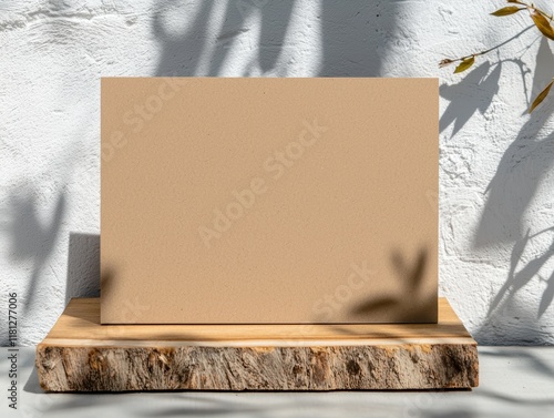 Blank eco-friendly cardboard cards paired with plant shadows on a wooden base ideal for organic product promotion or nature-inspired branding themes photo