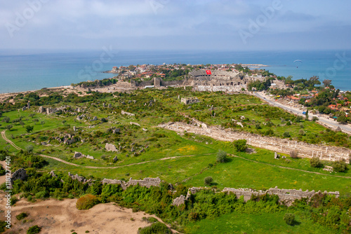 Aerial view of ancient ruins along the coast by the sea, Side, Turkey. photo