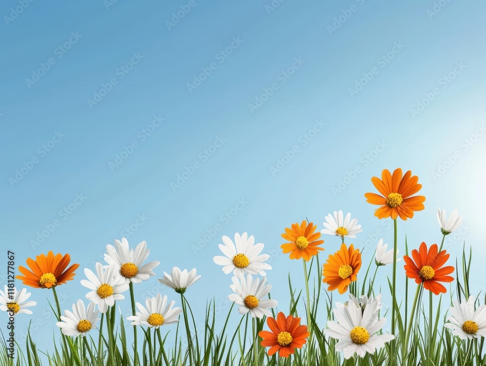 Fototapeta premium Bright spring meadow with colorful flowers swaying in the wind, symbolizing growth and renewal