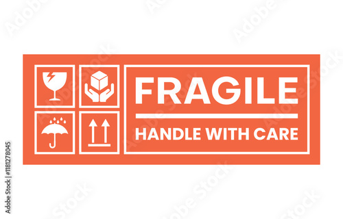 Sticker fragile handle with care, red fragile warning isolated vector illustration.
