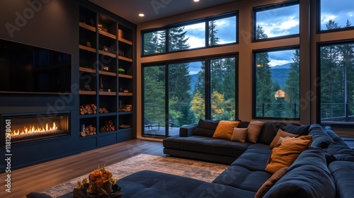 Modern living room interior with fireplace and forest view at dusk