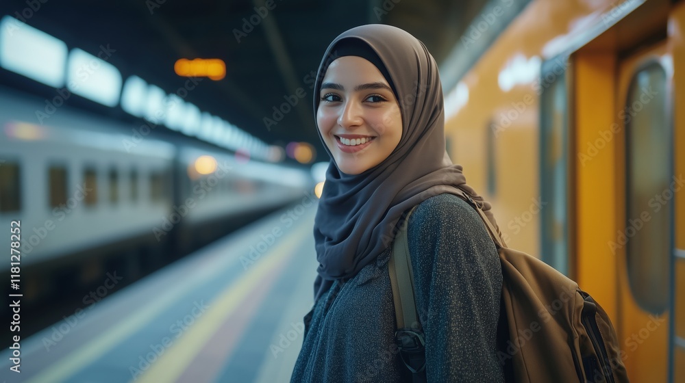 Fototapeta premium Young woman at a train station smiling while waiting for her train in a bustling urban environment