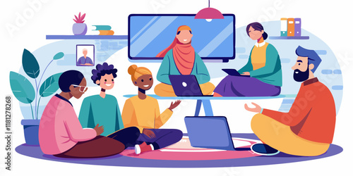 Diverse business team working together in a relaxed office environment. Professional colleagues having a video call meeting with a business partner, discussing strategy in a modern workspace.

