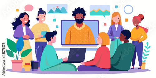 Diverse business team working together in a relaxed office environment. Professional colleagues having a video call meeting with a business partner, discussing strategy in a modern workspace.

