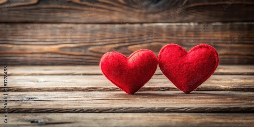 Two red hearts are placed on a wooden background with a subtle texture, creating a warm and cozy atmosphere for Valentine's Day decorations, red color, home decor Two red hearts are placed on a wooden background with a subtle texture, creating a warm and cozy atmosphere for Valentine's Day decorations, red color, home decor