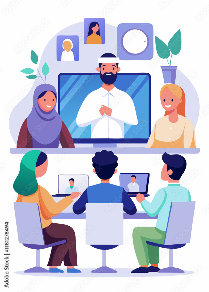 Diverse business team on video call with Arab Muslim partners. Remote collaboration, online meeting, virtual conference, international teamwork, corporate communication.
Diverse business team on video call with Arab Muslim partners. Remote collaboration, online meeting, virtual conference, international teamwork, corporate communication.