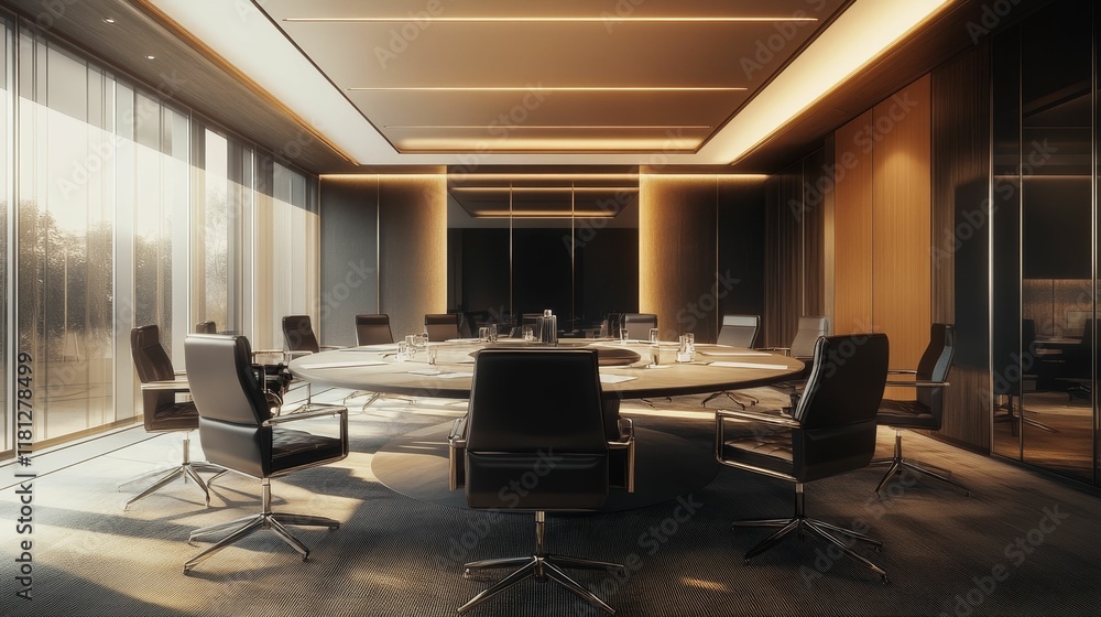 © jambulart - Modern office, large round table, sleek chairs, window view.