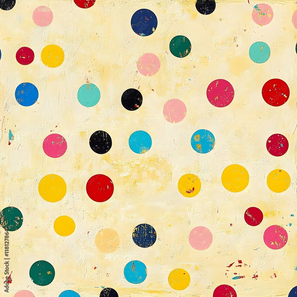 A seamless background of colorful polka dots in various sizes on a pale yellow canvas. A seamless background of colorful polka dots in various sizes on a pale yellow canvas.