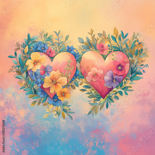 Floral hearts with vibrant blossoms on pastel background