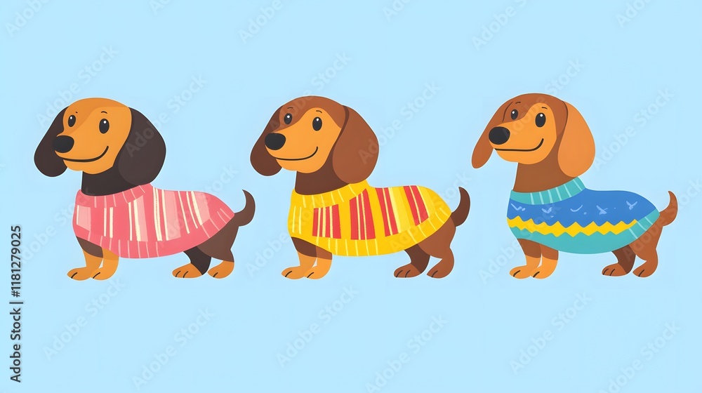 Obraz premium Cute illustration of adorable dachshund dogs wearing colorful sweaters