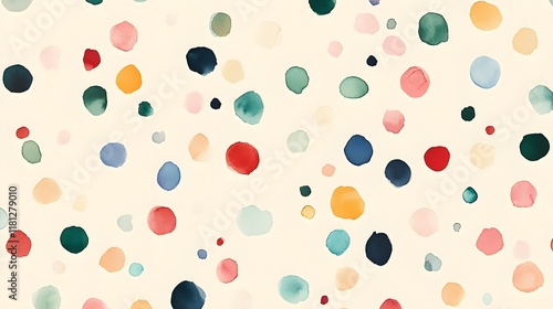 A seamless background of colorful polka dots in various sizes on a pale yellow canvas.