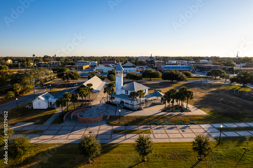 Aerial view of Oglethorpe Bay with Mary Ross Waterfront Park and Brunswick Landing Marina surrounded by trees and buildings, Brunswick, Georgia, USA. photo