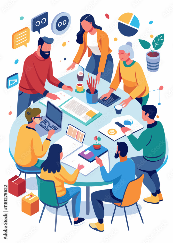 Fototapeta premium Diverse business team analyzing profit and loss data in a modern office. Multicultural professionals discussing future strategies, business growth, and financial planning.