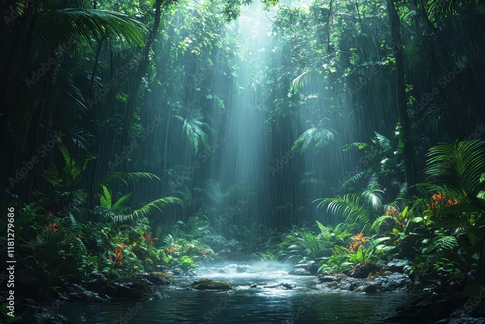 Obraz premium Lush rainforest with sunlight filtering through trees and a gentle stream flowing amidst vibrant greenery