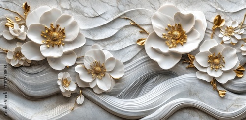 Wallpaper Mural Elegant floral relief showcasing white blossoms and golden accents on a textured gray background Torontodigital.ca