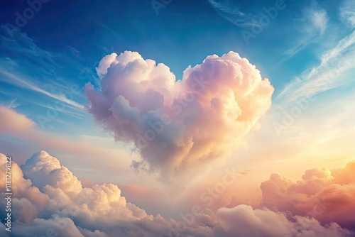 Dreamy pastel sky, heart-shaped cloud: romantic celestial art, minimalist photography.