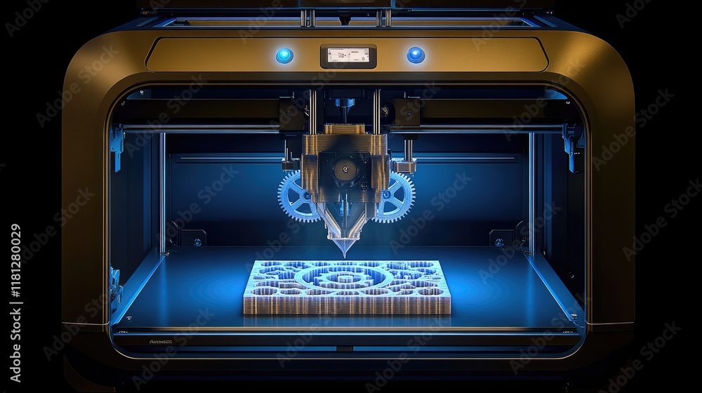 Obraz premium A 3D printer in action, creating a detailed object layer by layer.
