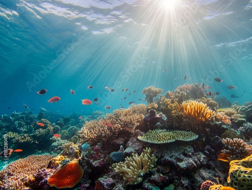 Vibrant Coral Reef Underwater Landscape with Sunlight Rays photo