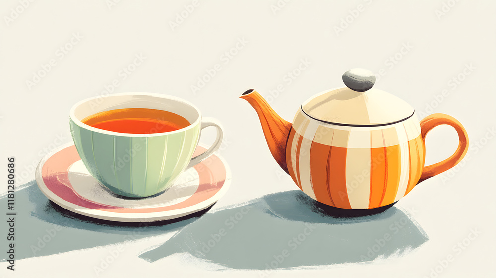 Top View of Cup of Tea with Teapot and Sugar Bowl on Grey Background. Top View of Cup of Tea with Teapot and Sugar Bowl on Grey Background.