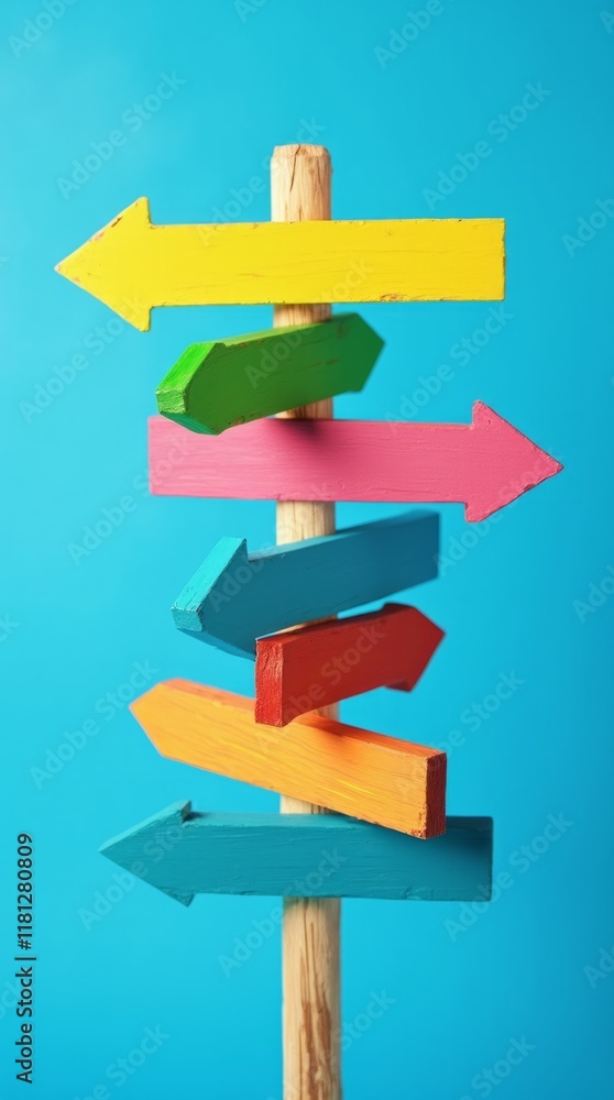 Colorful Directional Signs Against Blue Background Colorful Directional Signs Against Blue Background