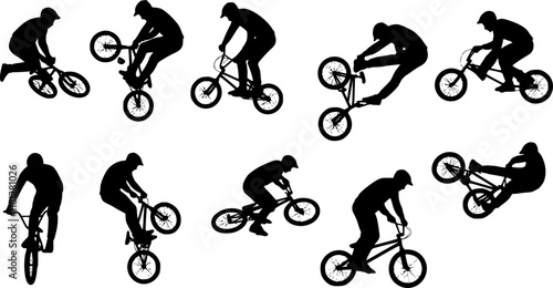 12 bmx stunt silhouettes - vector Transparent background PNG, cutout